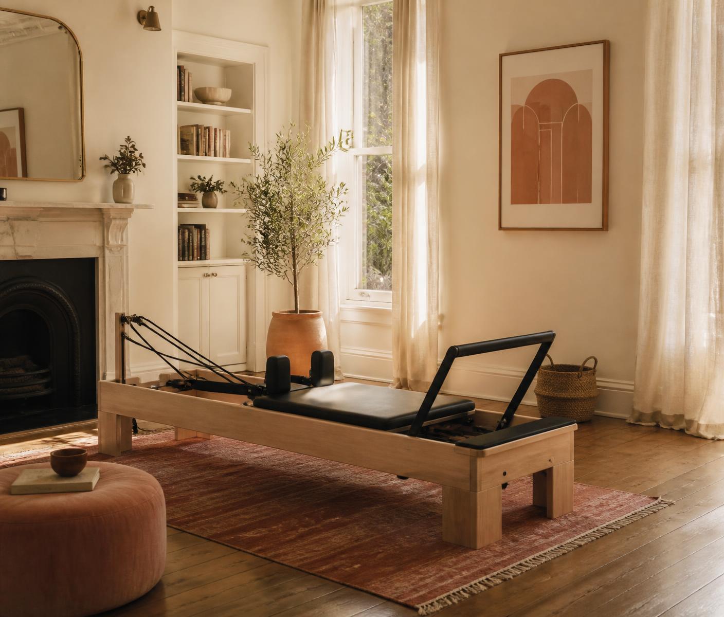 A classical Pilates reformer set up in a sunlit private home