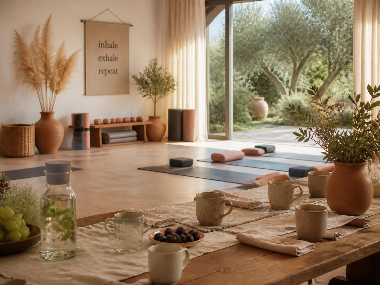 A warm retreat studio with mats, terracotta vases, and soft natural light