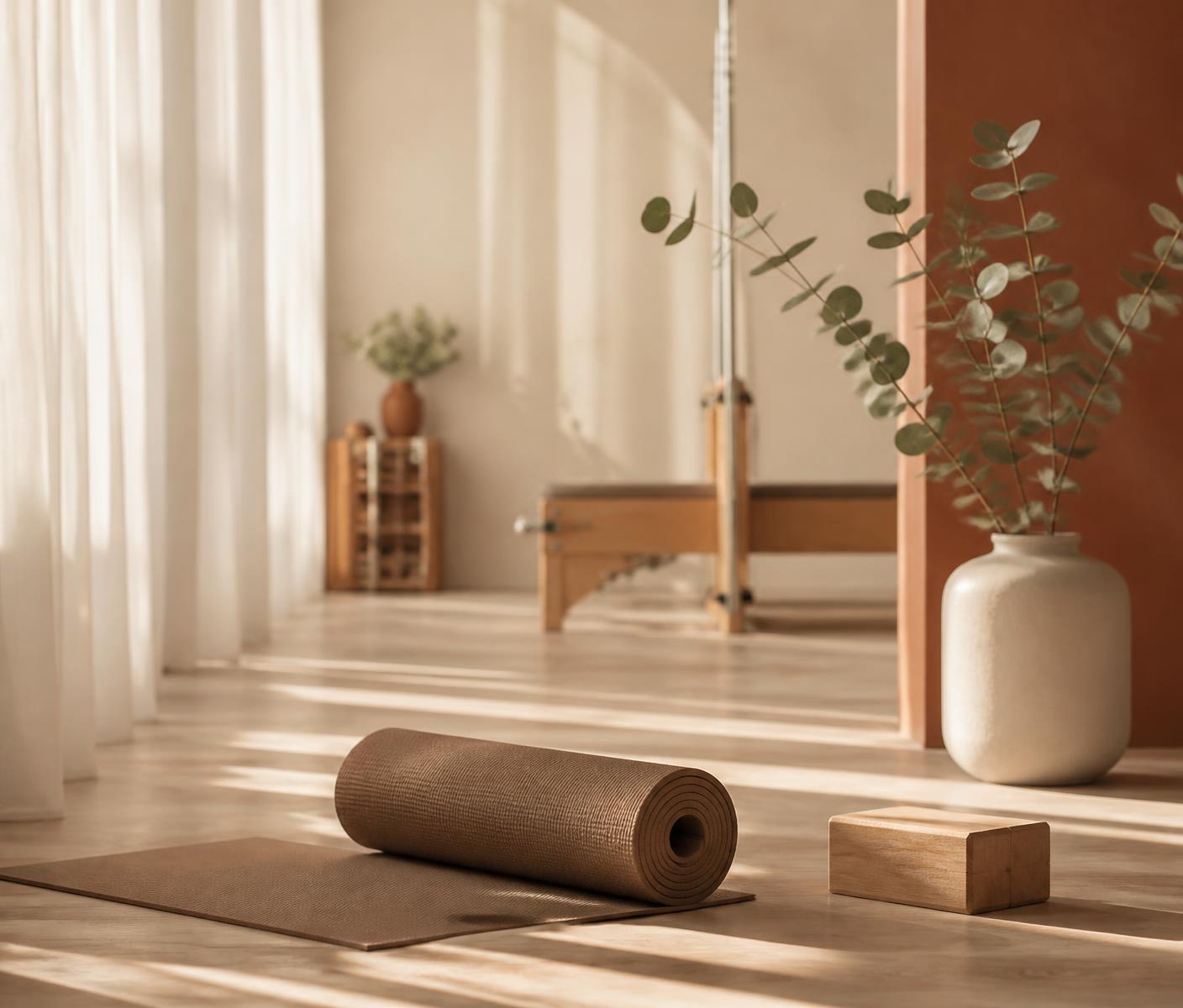 A calm, sunlit Pilates space with a rolled mat and wooden block